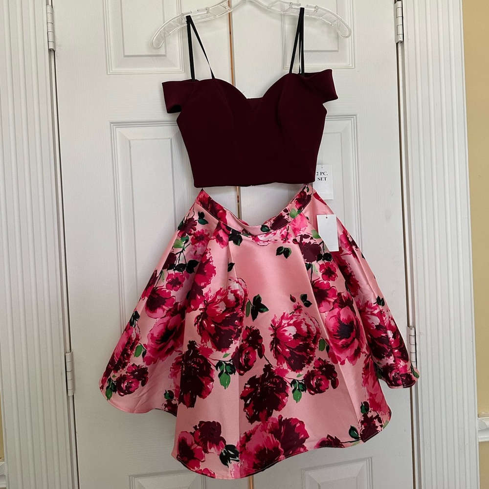 B Darlin Pink Floral 2 pc Dress Mini Skirt Off Shoulder Top